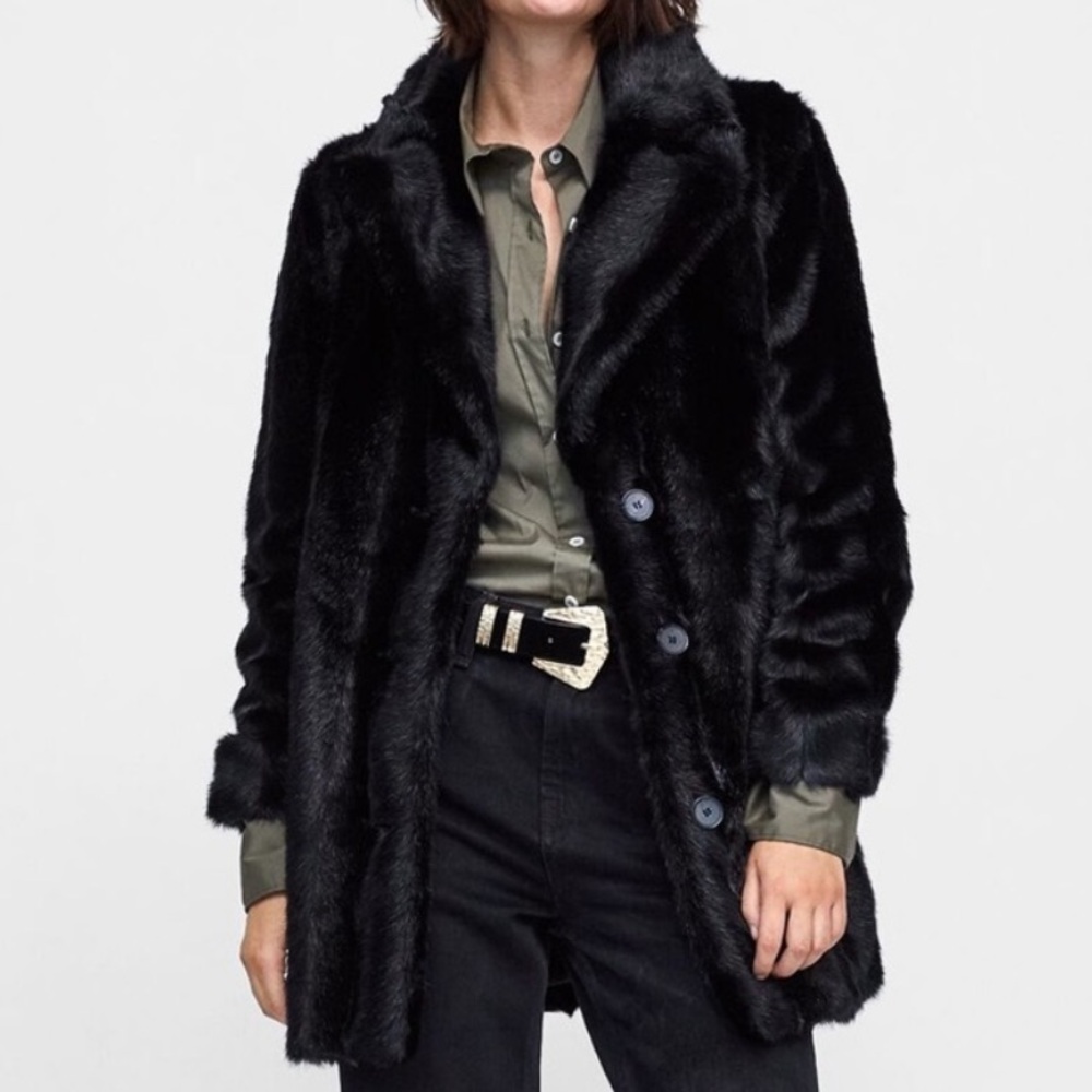 Zara NWT black lapel collar faux fur coat - Picture 4 of 10